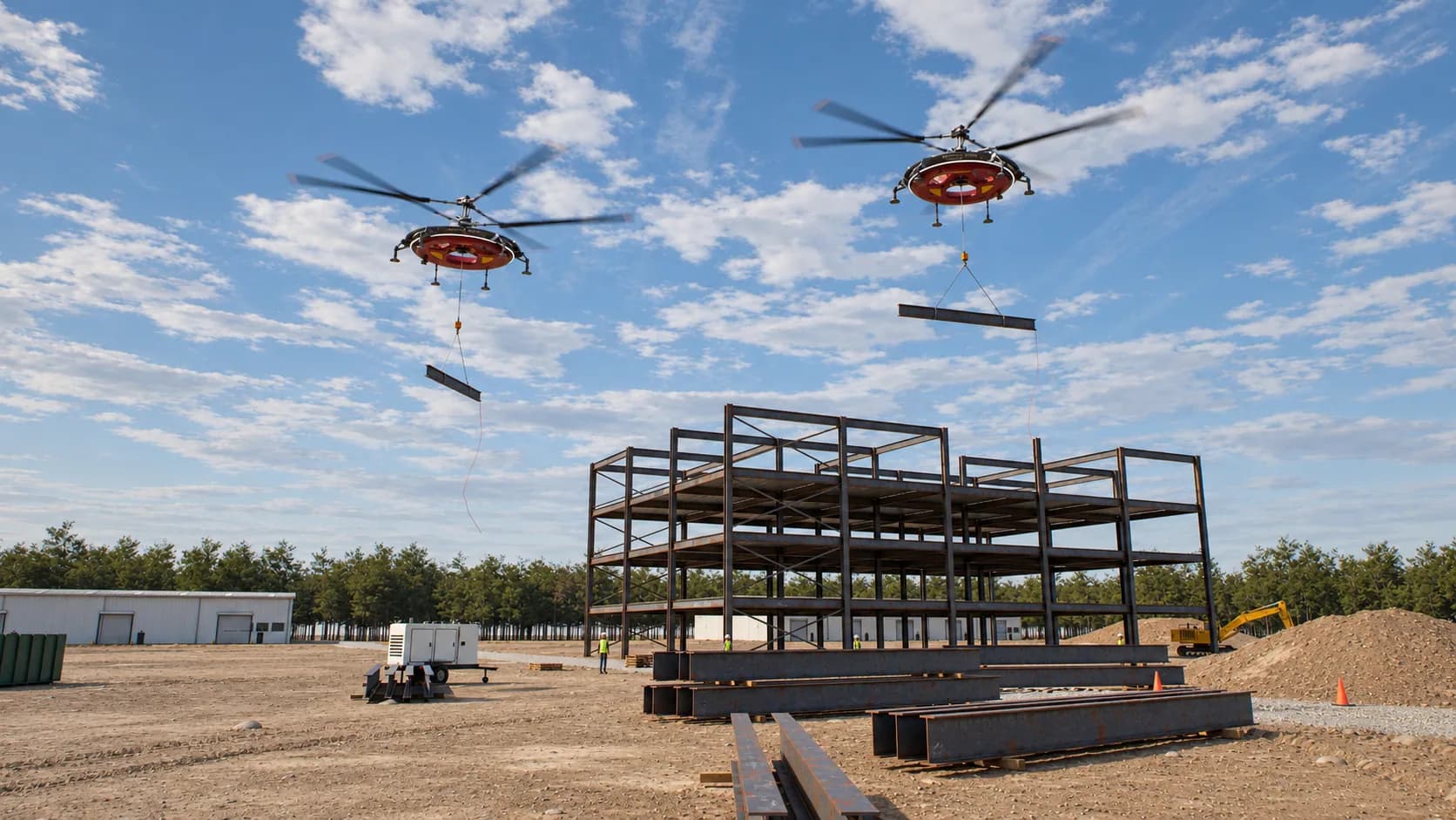 Concept render of two HL-UAVs placing steel I-beams on an active construction site