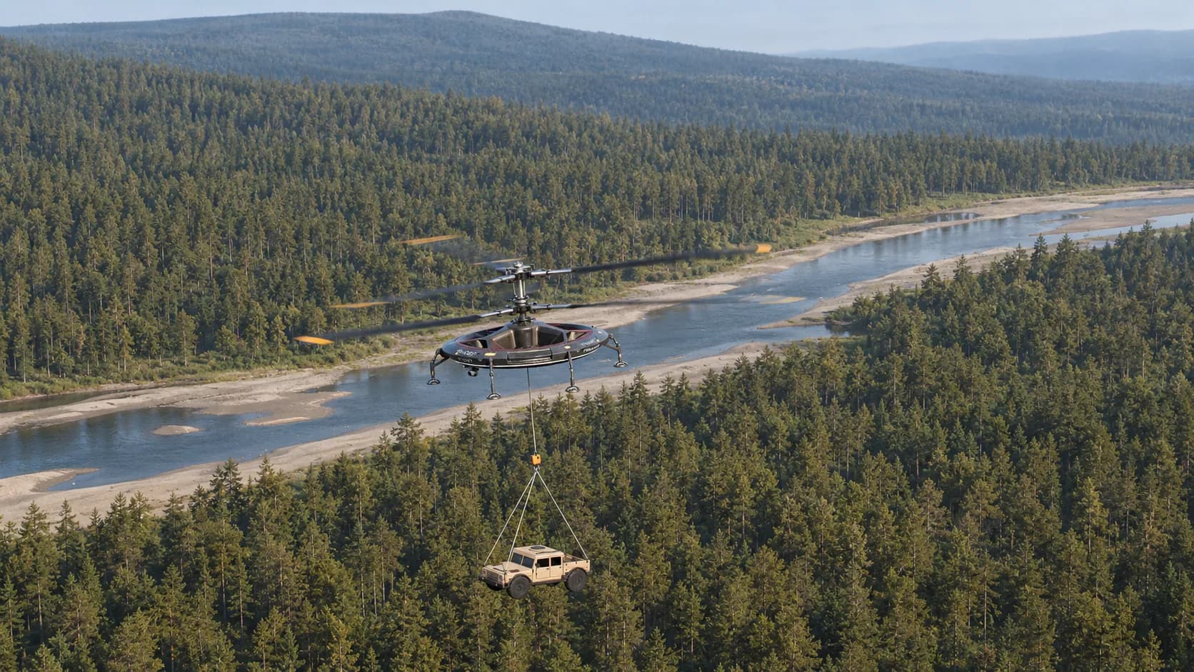 Concept render of the HL-UAV airlifting a light tactical vehicle over a forested river valley