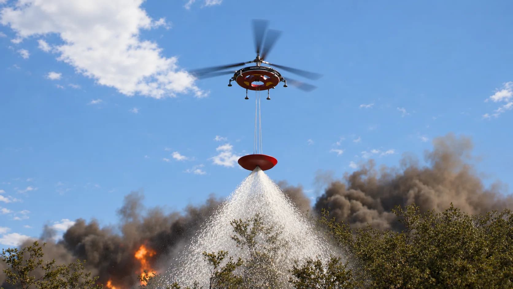 HL-UAV hovering over a forest fire with tethered tank dispersing a wide water spray below