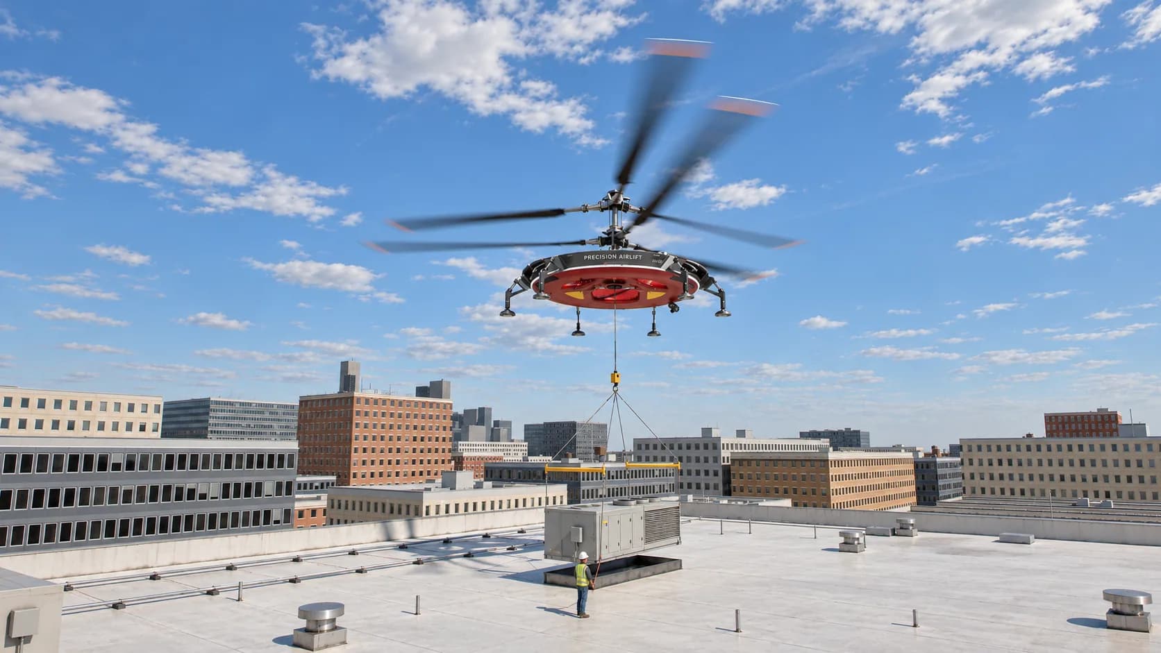 Concept render of the HL-UAV lowering a commercial HVAC unit on sling lines onto a city rooftop
