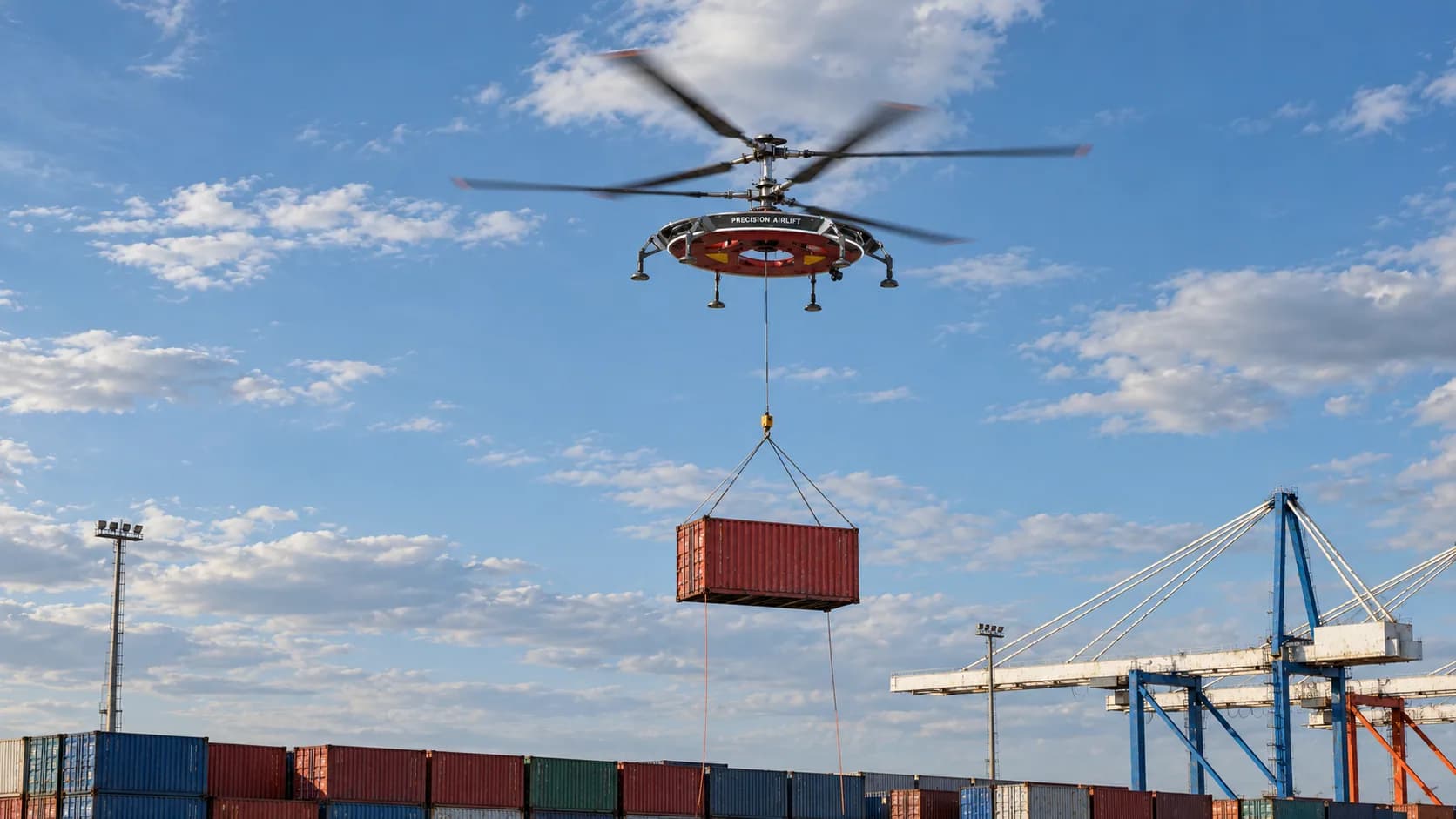 Concept render of the HL-UAV lifting a red 20 ft shipping container on sling lines over a container port