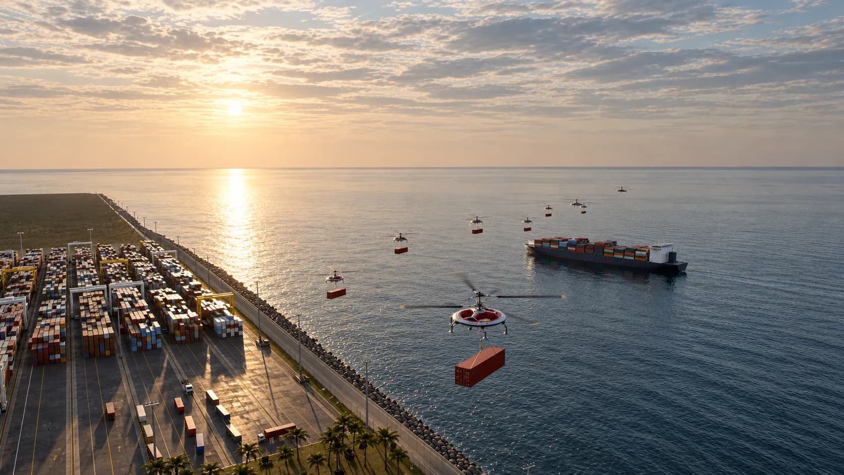 Concept render of a fleet of HL-UAVs ferrying shipping containers from a container ship offshore to a port