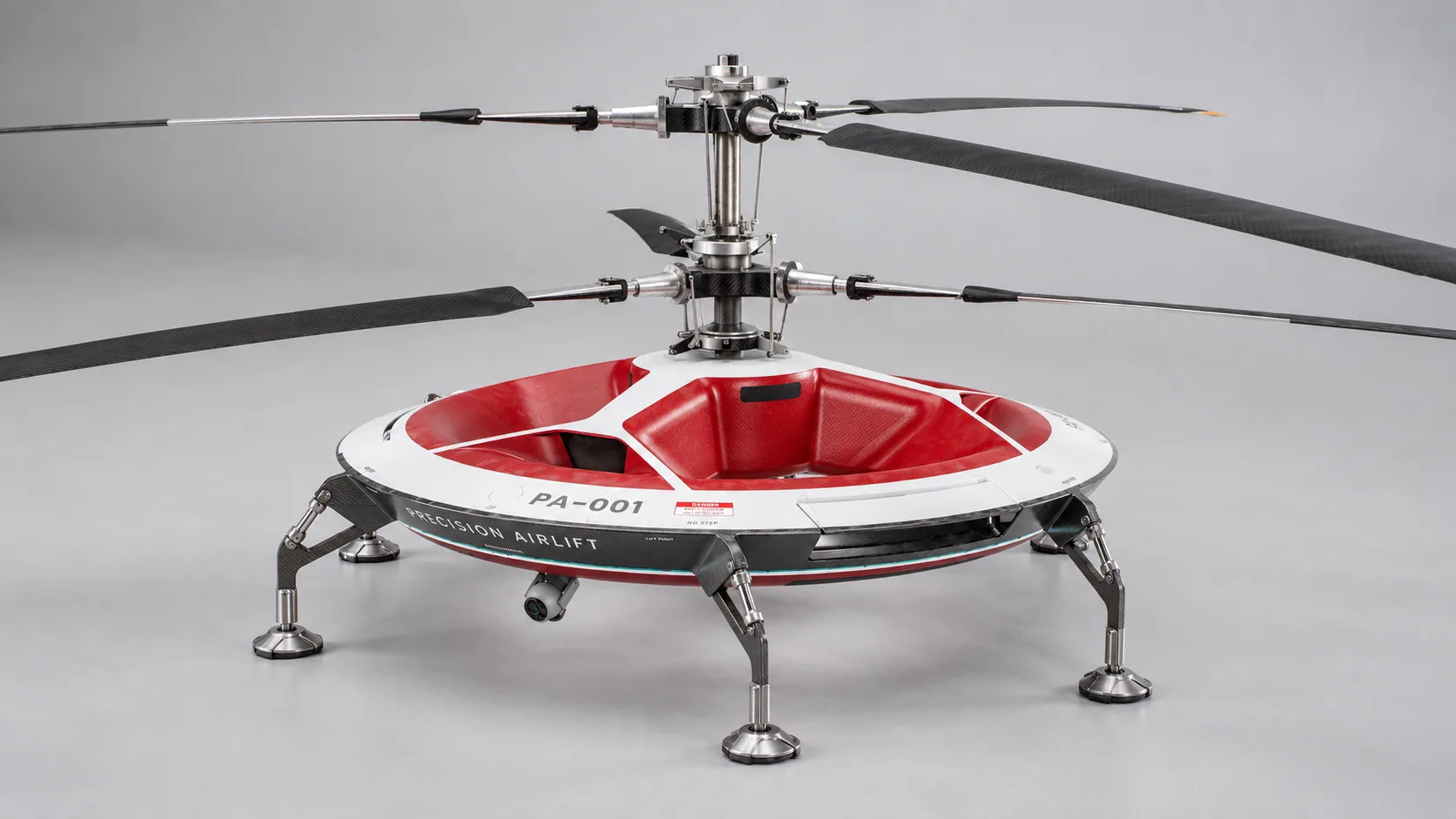 Concept render of the HL-UAV: a saucer-shaped unmanned aircraft with coaxial contra-rotating rotors on landing legs