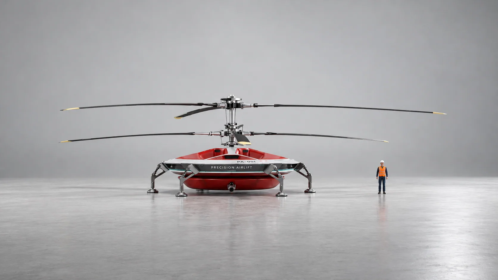 Side profile of the HL-UAV concept next to a human figure for scale