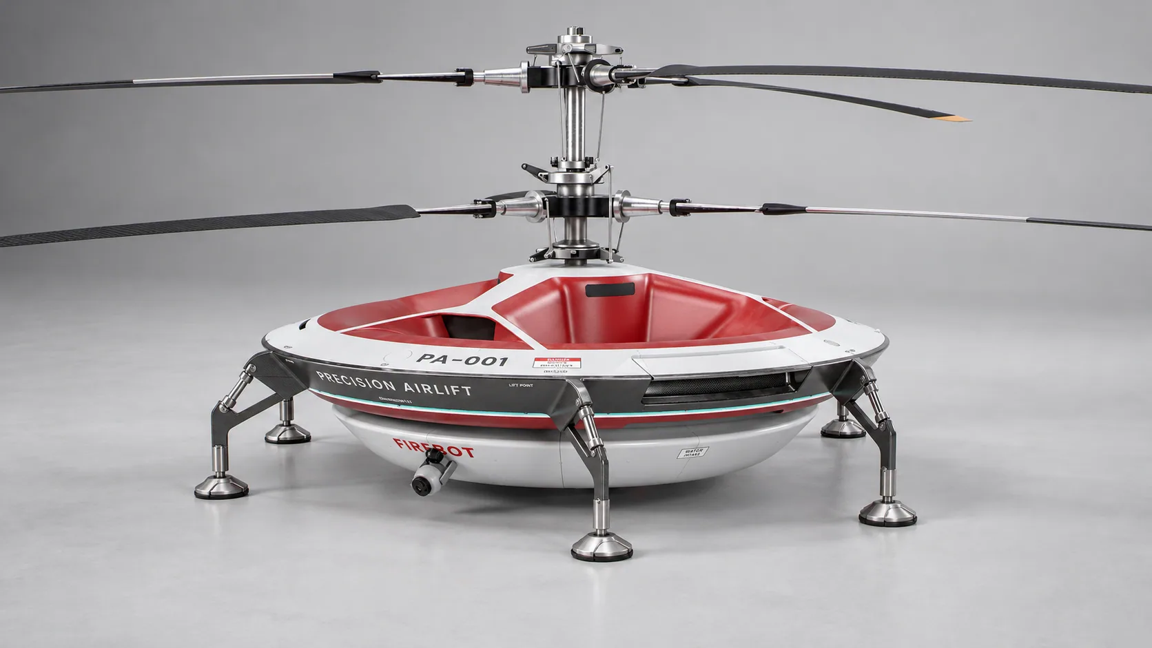 HL-UAV concept render with detachable water tank mounted beneath the saucer airframe