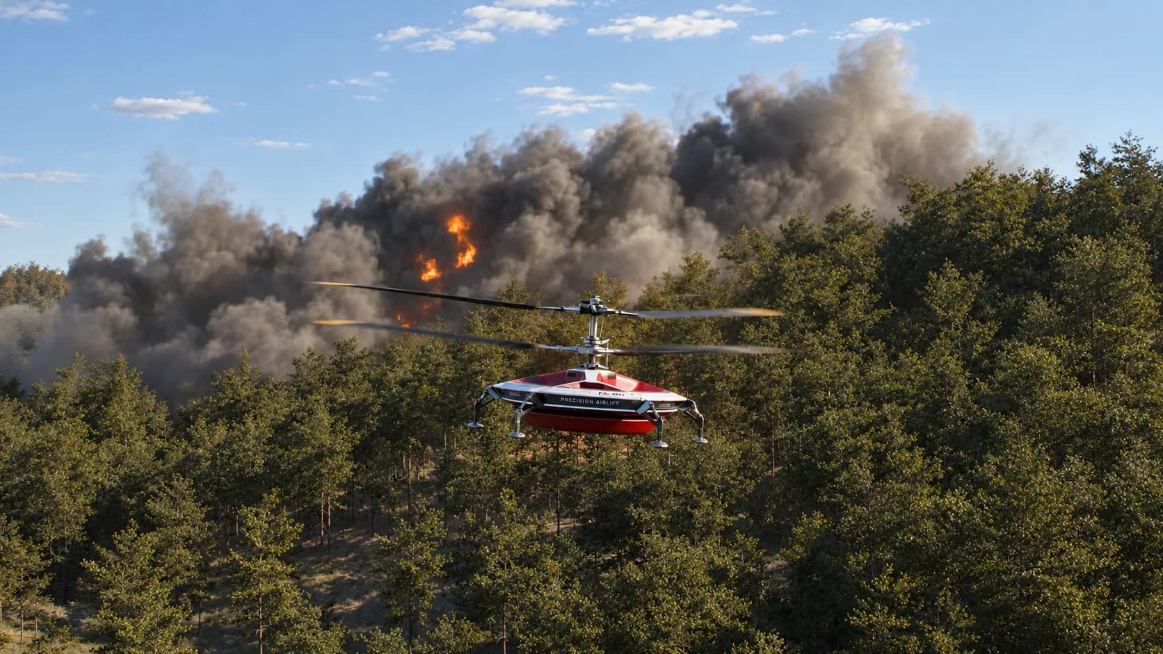 Concept render of the HL-UAV flying over treetops near a burning forest, smoke and flames rising behind it
