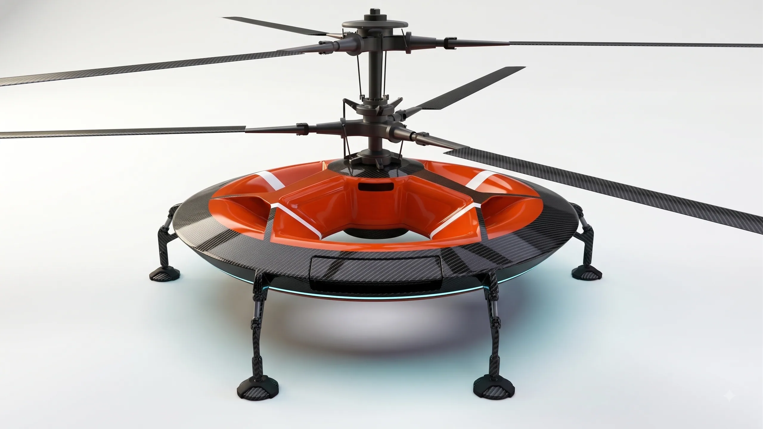 Concept render of the HL-UAV on its landing legs carrying an orange-and-white inflatable life raft docked into the saucer airframe