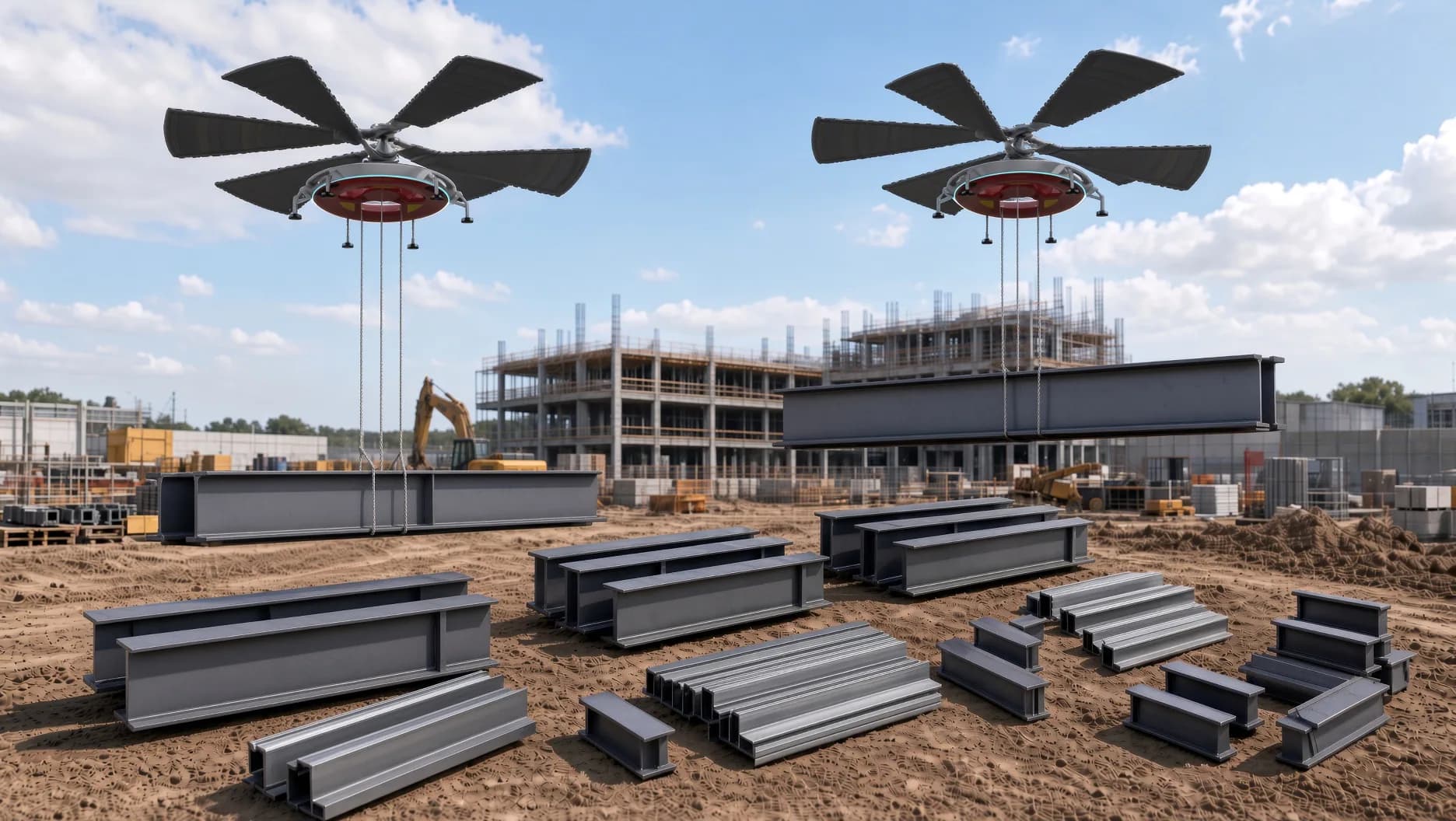 Concept render of two HL-UAVs placing steel I-beams on an active construction site