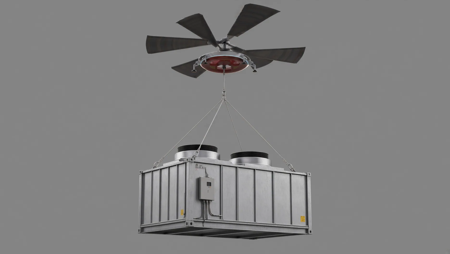 Concept render of the HL-UAV lifting a commercial rooftop HVAC unit on sling lines