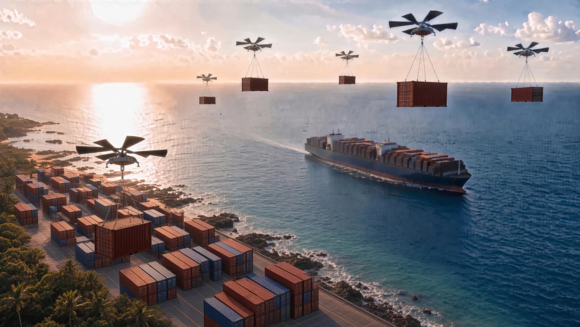 Concept render of a fleet of HL-UAVs ferrying shipping containers from a container ship offshore to a port