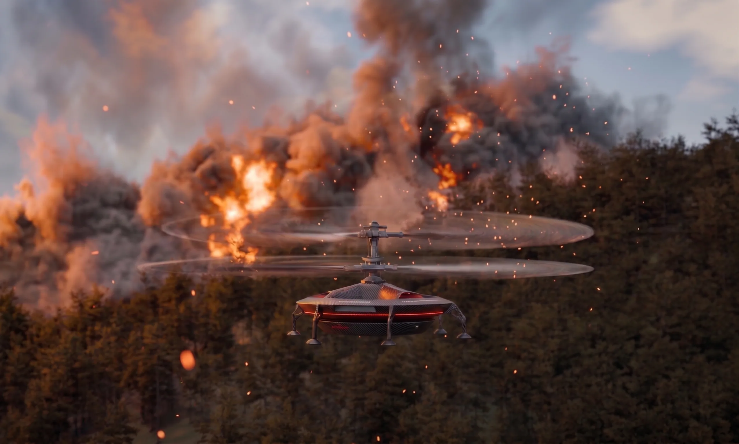 Concept render of the HL-UAV flying over treetops toward a burning forest ridge, smoke and embers rising ahead of it
